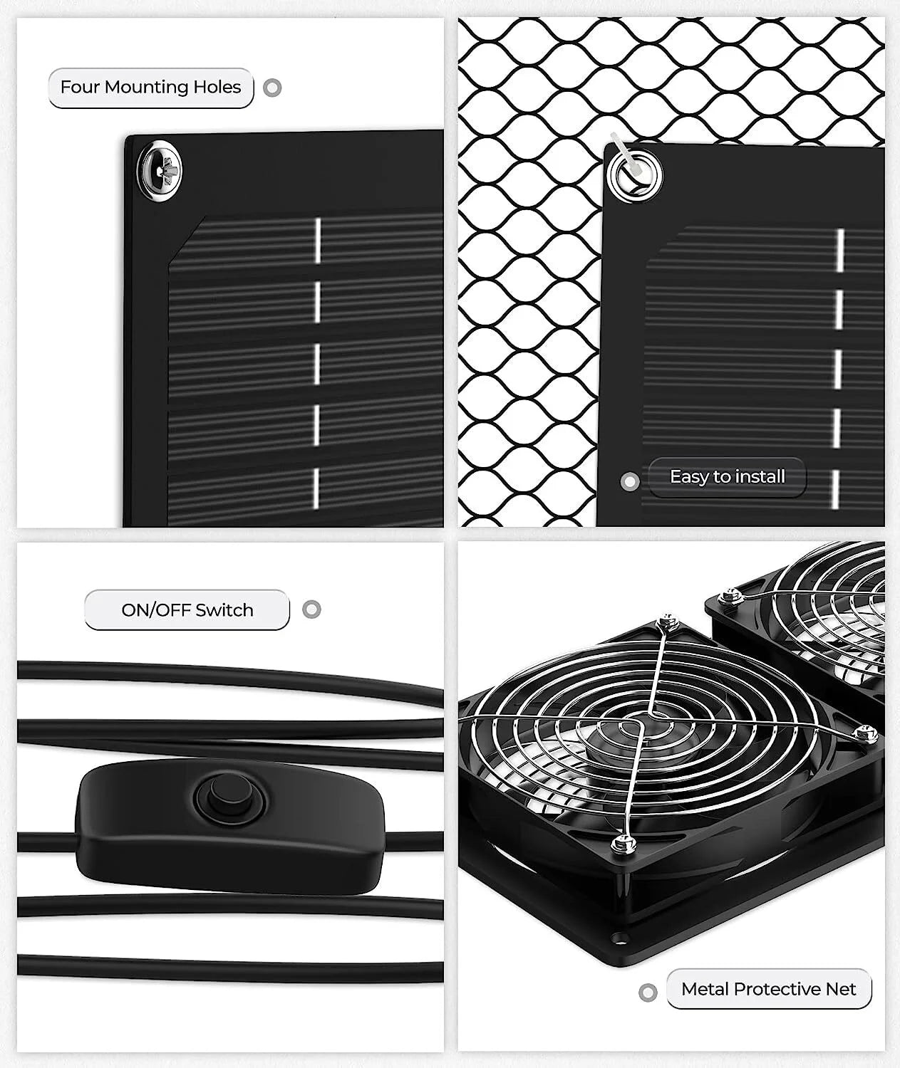 Dual Solar Panel 12In Duct 200 CFM Ventilation Fan 45Db, 3000 RPM for Chicken Coop - Black