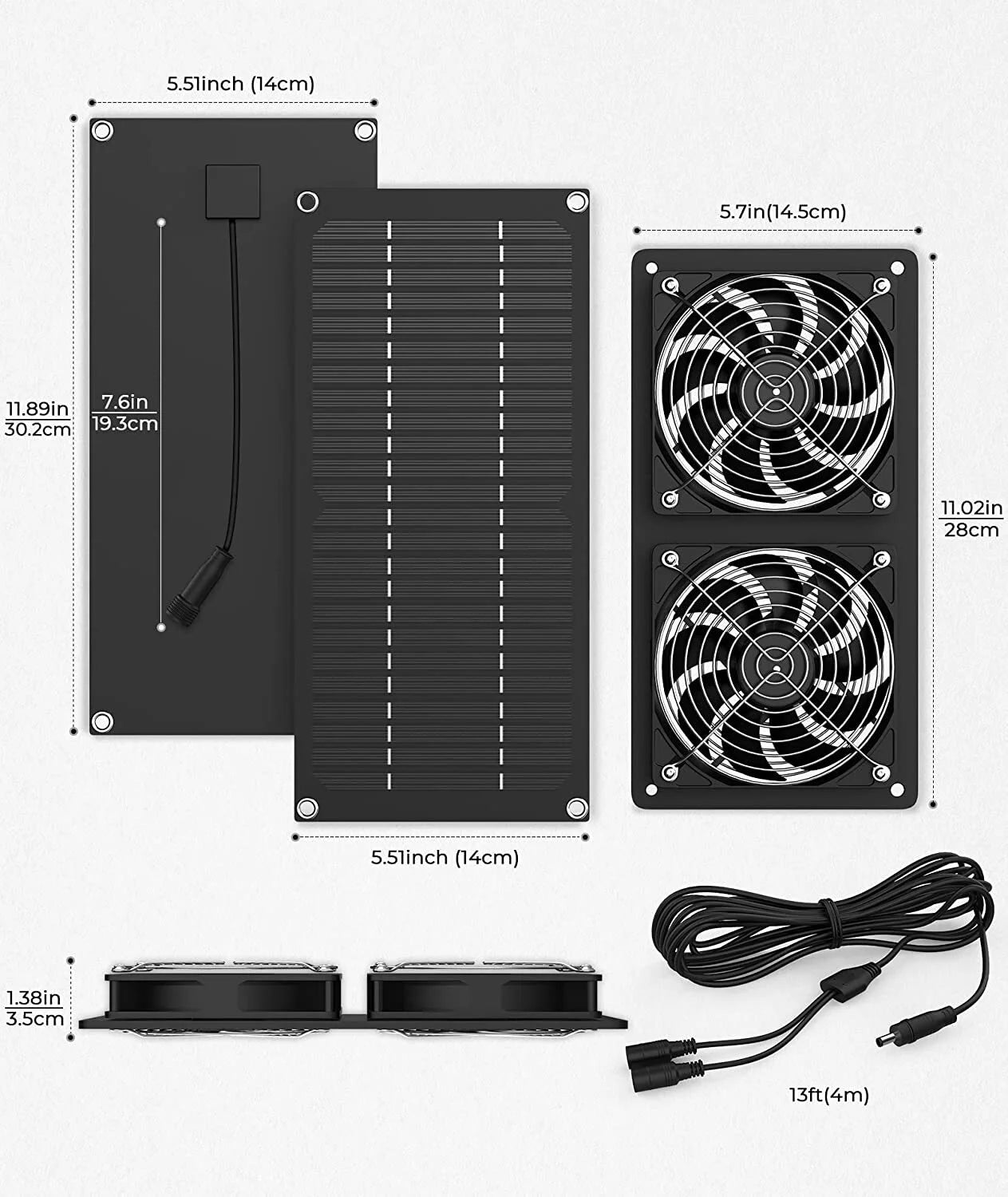 Dual Solar Panel 12In Duct 200 CFM Ventilation Fan 45Db, 3000 RPM for Chicken Coop - Black