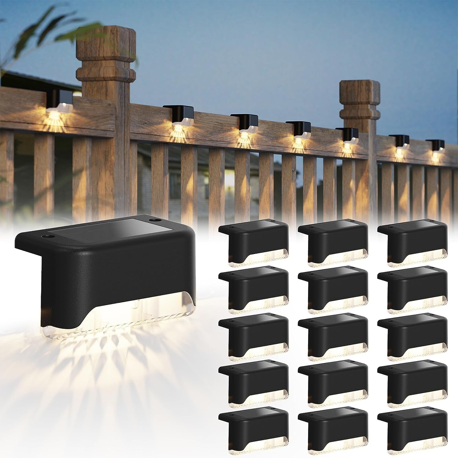 Solar Deck Lights 16 Pack Solar Fence Light Solar Powered Outdoor Step Light IP65 Waterproof LED Solar Pathway Light for Deck Fence Railing Garden Patio Stairyard, Black